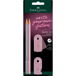 Faber-Castell 218480 Sparkle Lot de 2 crayons mine B avec gomme et taille-crayon Rose/gris pomme