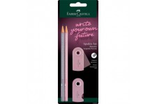 Faber-Castell 218480 Sparkle Lot de 2 crayons mine B avec gomme et taille-crayon Rose/gris pomme