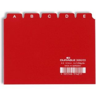 Durable 366003 Jeu de 25 Intercalaires Format A6 Paysage avec Divisions 5/5 - Onglets Imprimes A-Z - Polypro Coloris Rouge