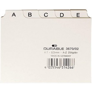 Durable 367002 Jeu de 25 Intercalaires Format A7 Paysage avec Divisions 5/5 - Onglets Imprimes A-Z - Polypro Coloris Blanc