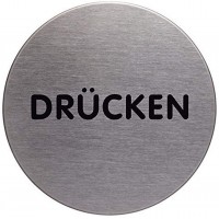 Durable 490061 Plaque d'Information Pictogramme Rond 65 mm en Acier Brosse Inoxydable Drucken (Poussez en Langue Allemande)