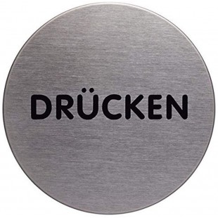 Durable 490061 Plaque d'Information Pictogramme Rond 65 mm en Acier Brosse Inoxydable Drucken (Poussez en Langue Allemande)