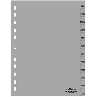 DURABLE Hunke & Jochheim Lot de 12 intercalaires en polypropylene Gris Format A4 215/230 x 297 mm