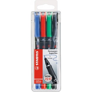 Pochette x 4 stylos-feutres STABILO OHPen permanent 0,4 mm - noir + bleu + rouge + vert
