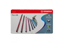 Feutre a  dessin - STABILO Pen 68 - Boite metal x 10 feutres pointe moyenne - decor "Premium" - Coloris assortis