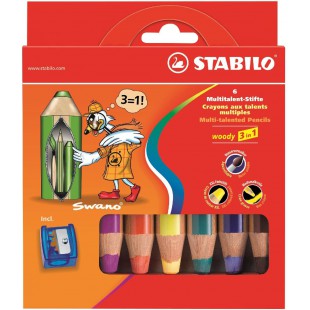 Etui carton x 6 crayons multi-talents STABILO woody 3 in 1 + 1 taille-crayon