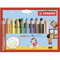Crayon de coloriage - STABILO woody 3in1 - etui carton x 10 crayons de couleur + taille-crayon