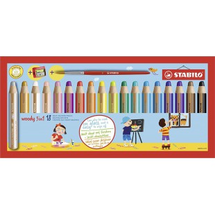 Etui carton x 18 crayons multi-talents STABILO woody 3 in 1 + 1 pinceau rond taille 8 + 1 taille-crayon
