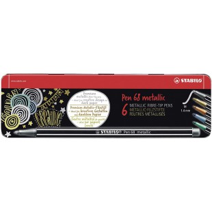 STABILO Pen 68 Lot de 6 feutres metalliques dans un etui en metal 2 x argente, 1 x dore, 1 x dore, 1 x bleu metallise, vert meta