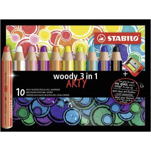Etui carton x 10 crayons multi-talents STABILO woody 3 in 1 ARTY + 1 taille-crayon