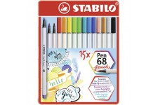 STABILO Pen 68 Brush Lot de 15 crayons de feutre de qualite superieure avec pointe pinceau pour des epaisseurs de trait variable
