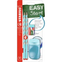 Schoolset x 2 crayons graphite STABILO EASYgraph S HB droitier + 1 taille-crayons EASYsharpener + 1 gomme - bleu ciel