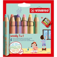 Stabilo Woody Lot de 6 crayons de couleur, aquarelle et craie a  la cire 3 en 1 avec taille-crayon 6 couleurs pastel differentes