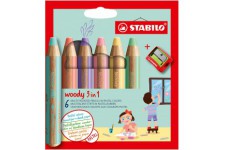 Etui carton x 6 crayons multi-talents STABILO woody 3 in 1 + 1 taille-crayons - coloris pastel