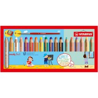 Stabilo Woody Lot de 18 crayons de couleur, aquarelle et craie a  la cire 3 en 1 avec taille-crayon et pinceau 18 couleurs diffe