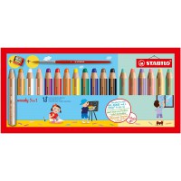 Etui carton x 18 crayons multi-talents STABILO woody 3 in 1 + 1 pinceau rond taille 8 + 1 taille-crayon - coloris assortis dont 