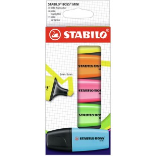 Etui carton x 5 surligneurs STABILO BOSS MINI - bleu + vert + rose + orange + jaune