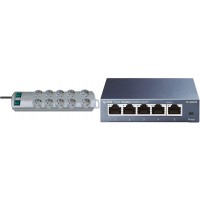 1153390120 Prolongateur Multiprise Primera-Line 10 Prises, Argent, 2 m & TP-Link SG105 Switch Ethernet Gigabit 5 Ports RJ45 Meta