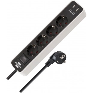 Ecolor Bloc multiprise 4 Prises avec Prise USB (multiprise avec 2 chargeurs USB, Interrupteur et cable de 1,5 m) Blanc/Noir