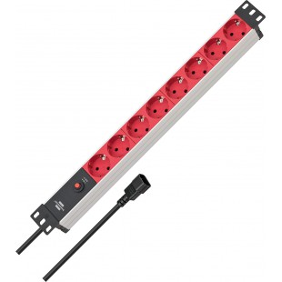  Alu-Line Bloc multiprise 8 Prises pour armoires electriques 19" avec disjoncteur Automatique 10 A et cable de 2 m Argente/Rouge