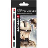 Sketch Graphix Lot de 6 marqueurs Alpha Robot, pointe double japonaise 1-7 mm et pointe fine 1 mm, couleurs brillantes, encre a 