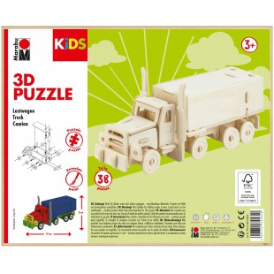 0317000000004 Kids 3D Puzzle en Bois pour Camion, 38 pieces, env. 19 x 8 cm, Marron