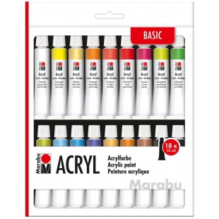 121000000202 - Kit de peinture acrylique avec 18 couleurs de 12 ml de peinture acrylique opaque, mate, brillante a  base d'eau, 