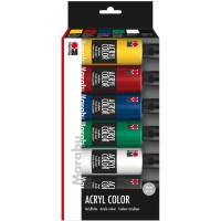 120100000080 - Lot de 6 pots de 80 ml en jaune moyen, rouge carmin, bleu moyen, vert jus, blanc et noir, peinture acrylique soye