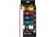 120100000080 - Lot de 6 pots de 80 ml en jaune moyen, rouge carmin, bleu moyen, vert jus, blanc et noir, peinture acrylique soye