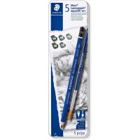 Staedtler Mars Lumograph Aquarell, Crayons graphites aquarellables, Utilisables a  sec ou a  l'eau, Boite en metal avec 5 crayon