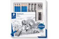 Staedtler Mars Lumograph, Coffret dessin graphite pour beaux-arts, Inclus crayons a  papier, feutres de dessin, gomme et taille-