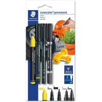 Staedtler Lumocolor, Set de 4 Marqueurs Permanents noir, jaune, resistants a l'eau, 60 BK-5