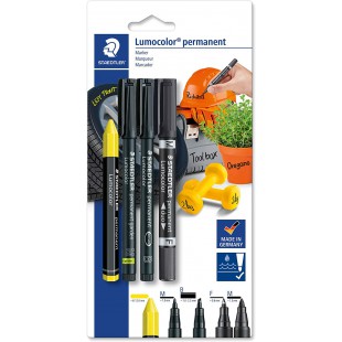 Staedtler Lumocolor, Set de 4 Marqueurs Permanents noir, jaune, resistants a l'eau, 60 BK-5