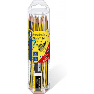 Staedtler Noris Anniversaire, Crayons a papier HB en bois de haute qualite, Pot en plastique de 12 crayons avec 1 m