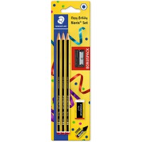 Staedtler Noris Anniversaire, Crayons a  papier HB en bois de haute qualite, etui blister de 3 crayons HB avec taille-crayon et 