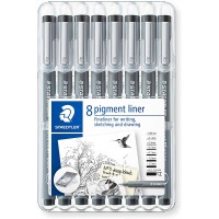 Staedtler Pigment Liner, Feutres de dessin a  encre pigmentee noire infalsifiable, etui chevalet avec 8 feutres differents assor