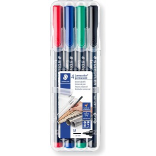 Staedtler Lumocolor 317, Feutres permanents a  pointe moyenne pour toutes les surfaces, Sans xylene ni toluene, Set de 4 couleur