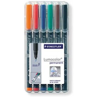 Staedtler Lumocolor 318, Feutres permanents a  pointe fine pour toutes les surfaces, Sans xylene ni toluene, Set de 6 couleurs l