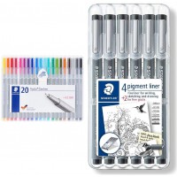 334 SB20 0.3 mm Triplus Fineliner Pen - (Pack of 20) & Pigment Liner, Feutres de dessin a  encre pigmentee noire infalsifiable, 