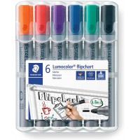 Staedtler Lumocolor Flipchart, Marqueurs pour tableau papier, Pointe moyenne de 2 mm, etui chevalet avec 6 couleurs assorties, 3