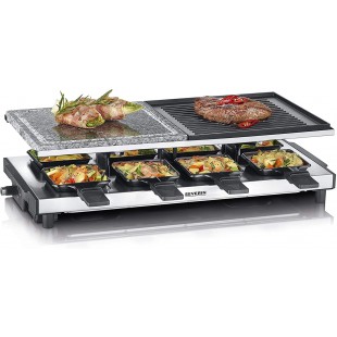 SEVERIN Raclette Gril 1 500 W, Avec Pierre de Cuisson et Plaque Anti-adhesive Reversible, Inclus : 8 poelons, Inox/No