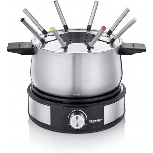 Severin Fondue Crepiere 2 en 1, Inclus 8 fourchettes a  fondue, spatule a  crepe et repartiteur de pate, Inox/Noir, FO 2471