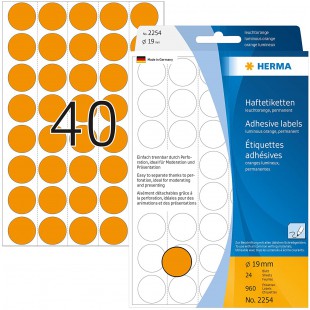 Herma 2254 etiquettes universelles support perfore diametre 19 mm 960 pieces Orange fluo