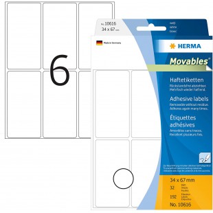 Herma 10616 etiquettes universelles amovibles/movables 34 x 67 mm 192 pieces Blanc