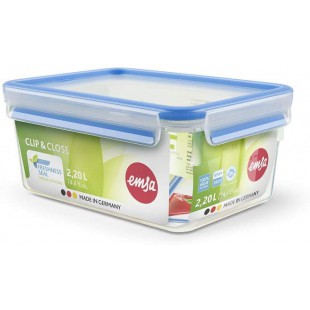 Emsa 508544 Boite alimentaire rectangulaire avec couvercle, 2.20 Litres, Transparent/bleu, Clip & Close