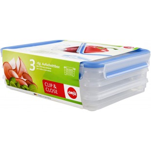 Emsa 508556, 3 Boites alimentaires empilables par clip, 3 x 1,0L, 100% hermetique, Transparent/bleu, Clip & Close