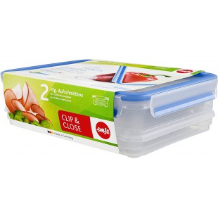 Emsa 508557, 2 Boites alimentaires empilables par clip, 1,0L/1,65L, 100% hermetique, Transparent/bleu, Clip & Close