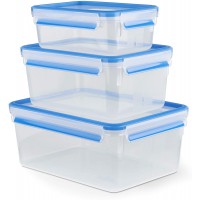 Emsa 508567 Alimentaires Clip & Close, Transparent/Bleu, Contenance en litre 1 / 2,3/3,7, Lot de 3 Boites