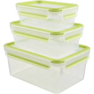 Emsa 515585 Alimentaires Clip & Close, Transparent/Vert, 0,55/1/2,3 Litre, Lot de 3 Boites