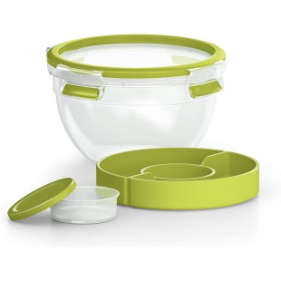 Emsa Boite a  Salade avec 2 Compartiments Pratiques et Couvercle, Boite a  Salade, Volume : 1 Litre, Transparent/Vert, Clip & Go